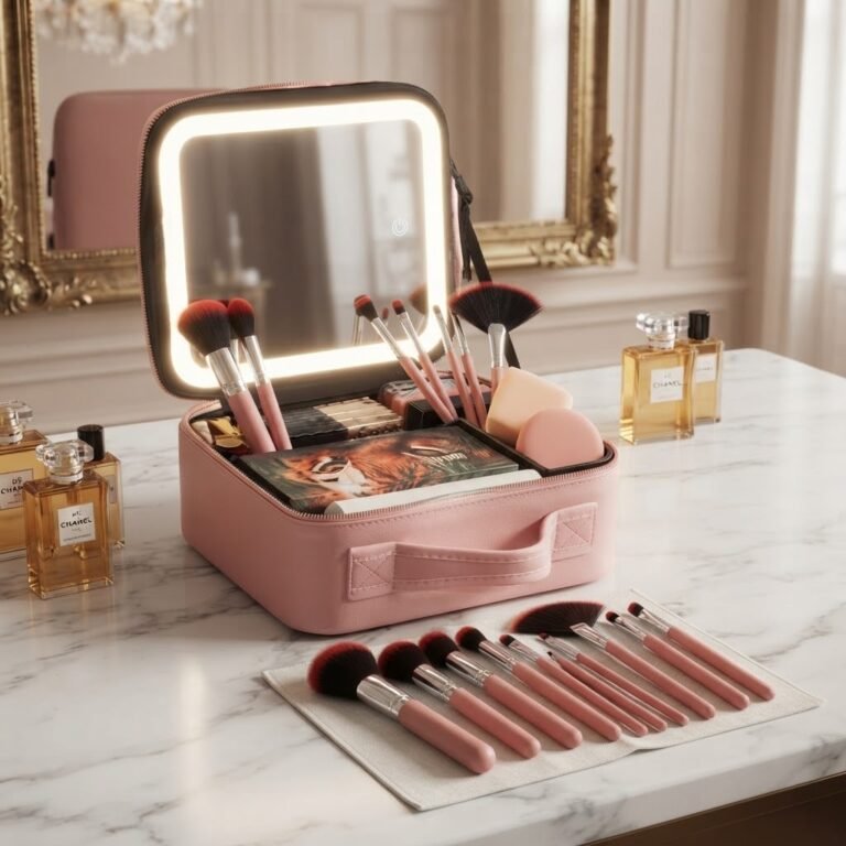 Valise de maquillage professionnelle noire avec miroir LED tactile intégré et compartiments