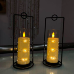 Lot de 2 bougies sans flamme avec support décoratif - vue principale et présentation du produit