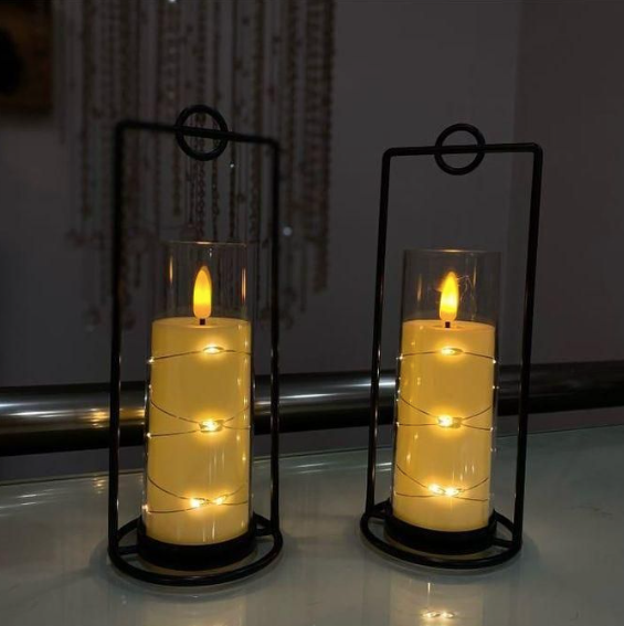 Lot de 2 bougies sans flamme avec support décoratif - vue principale et présentation du produit