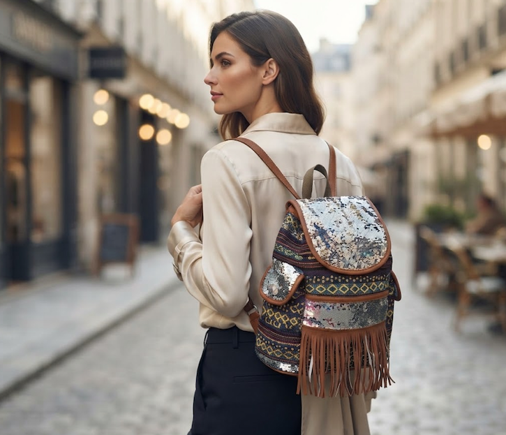 Sac à Dos Femme Bohème à Sequins Pailletés - vue principale et présentation du produit