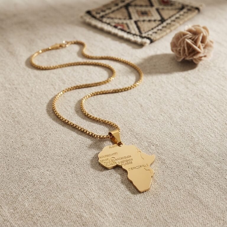 Collier Pendentif Carte d'Afrique Gravée en Acier Inoxydable Doré - vue principale et présentation du produit