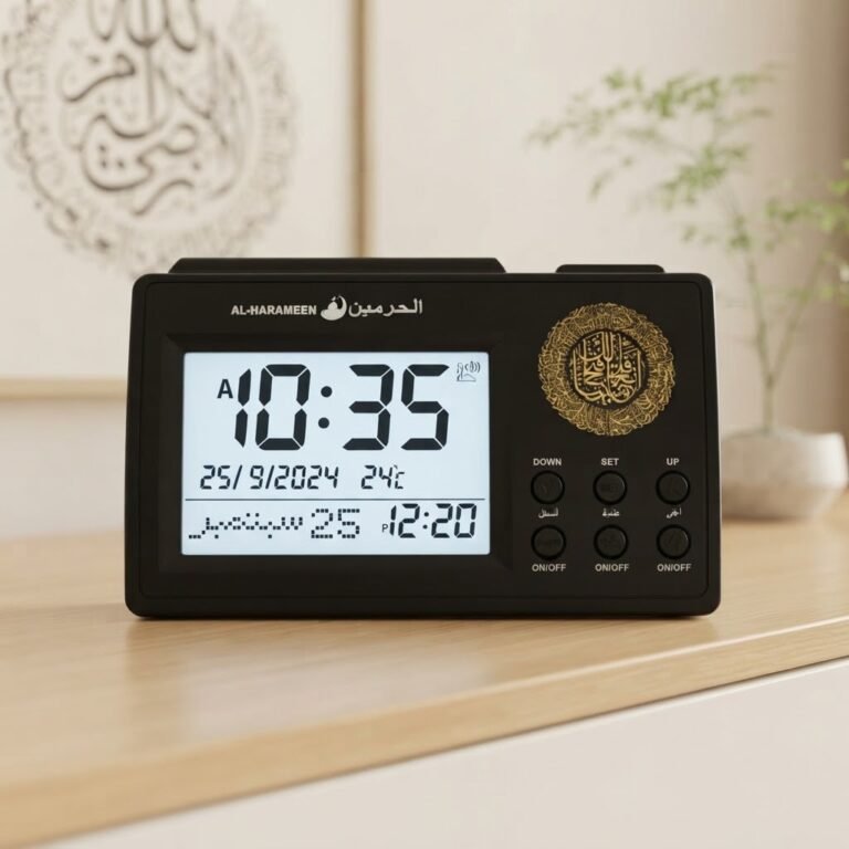 Horloge de prière musulmane automatique Al-Harameen HA-3006 noire et dorée