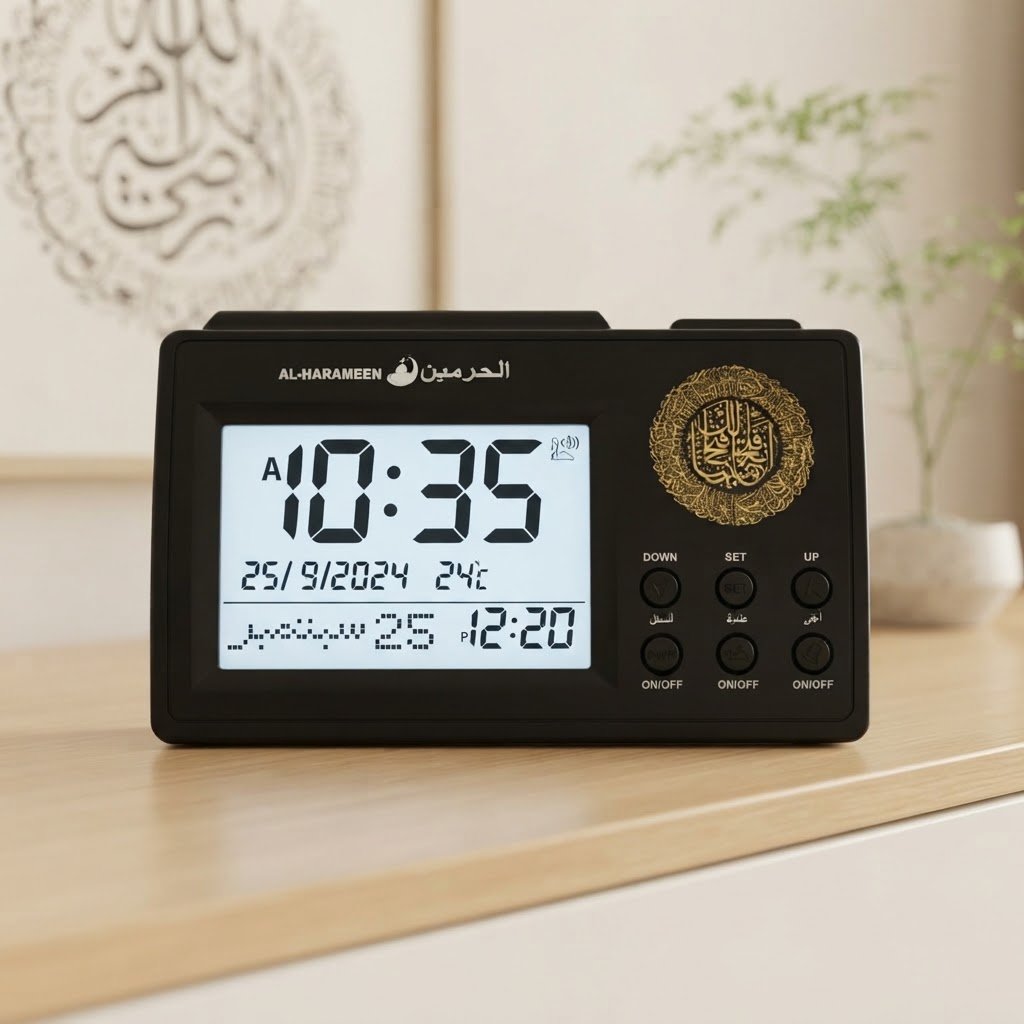 Horloge de prière musulmane automatique Al-Harameen HA-3006 noire et dorée